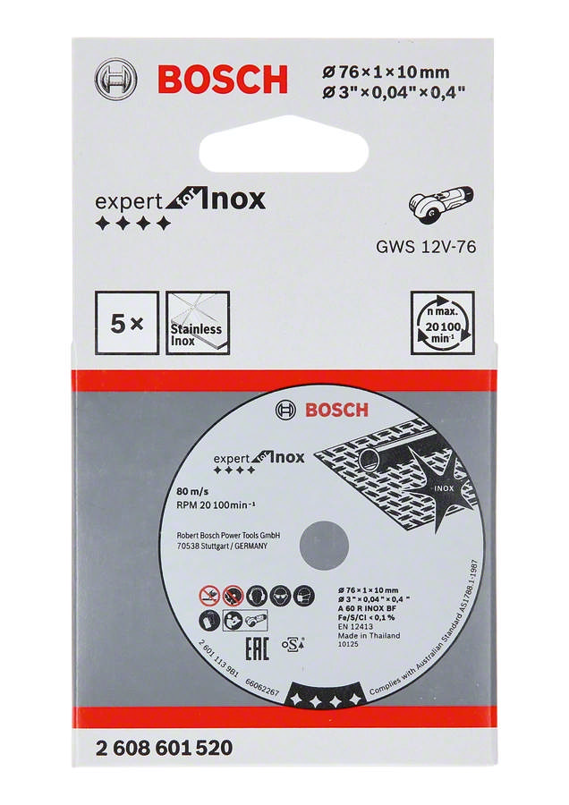 Bosch cutting disc exp inox 76 x 1 x 10 mm pk. m. 5 pcs.