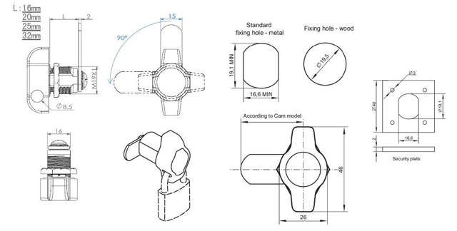 Siso furniture lock 300R Ø19 - 25mm length w/padlock, Cam A04